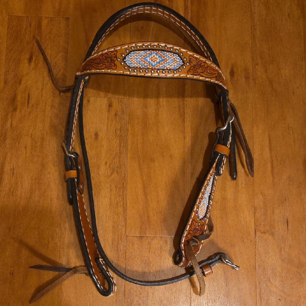 Weaver Western Leather Beaded Pony Bridle and Breast Collar With Tooled Design